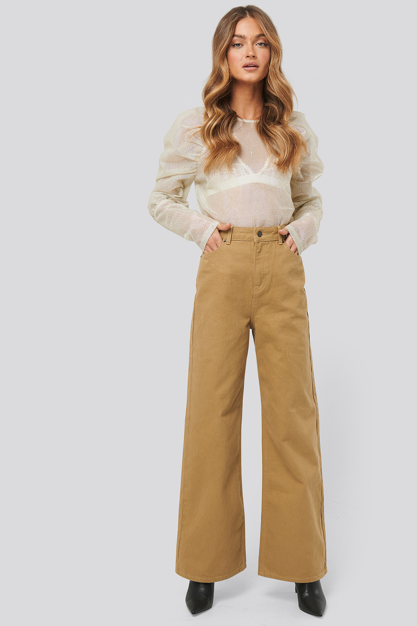 Beige Wide Leg High Waisted Jeans