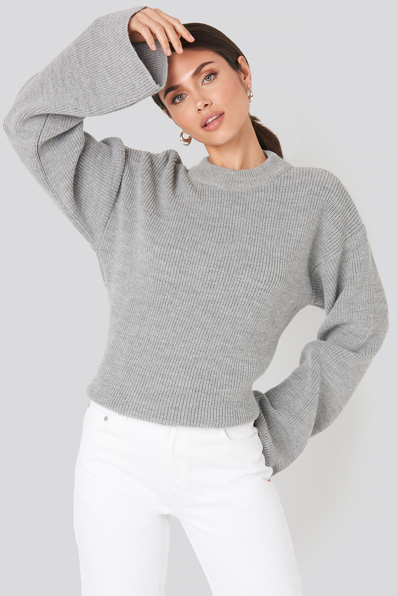 Light Grey NA-KD Wide Sleeve Round Neck Knitted Sweater
