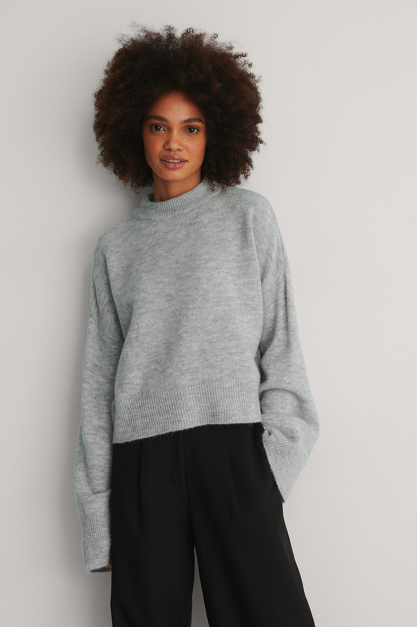Light Grey Wide Sleeve Round Neck Knitted Sweater