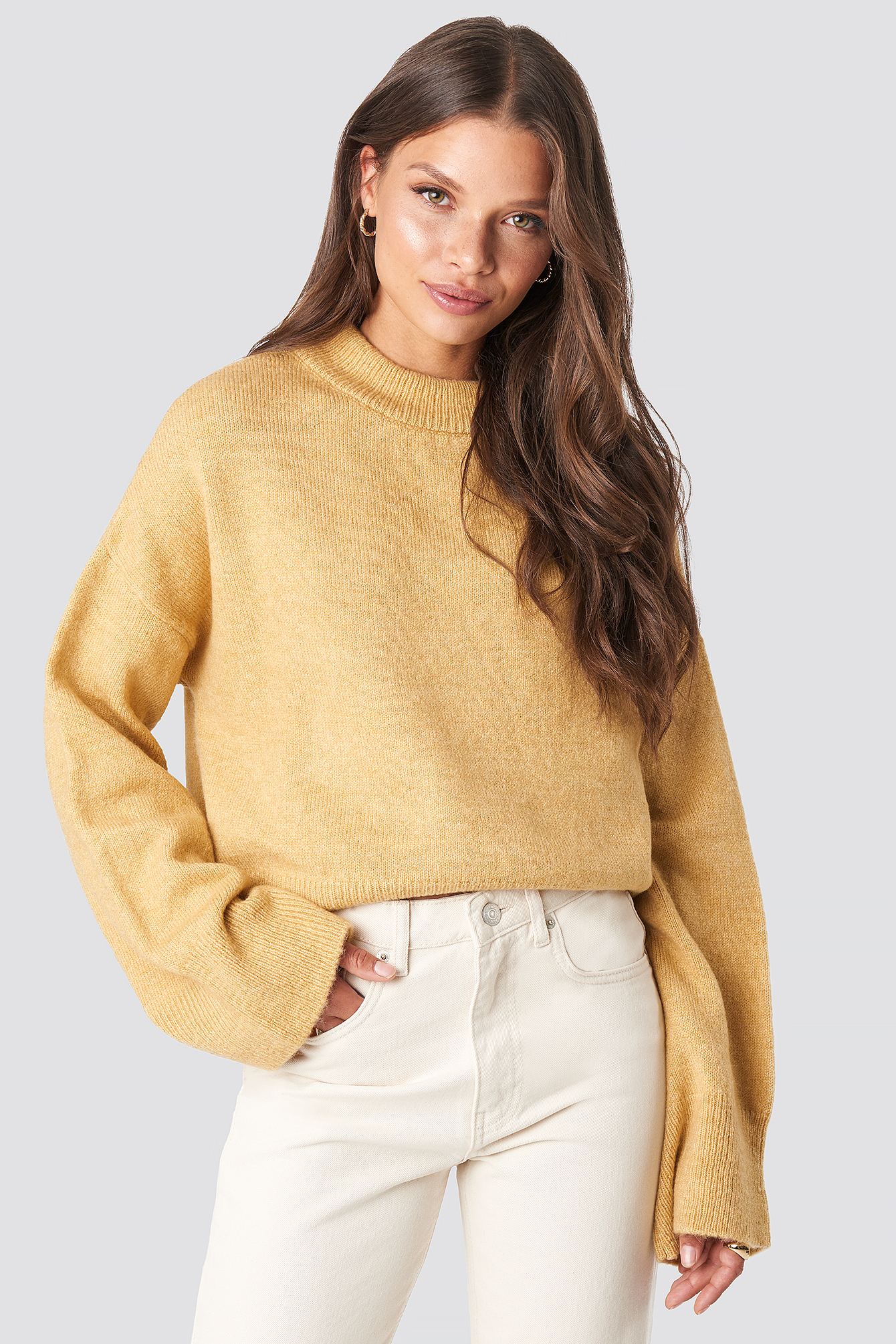 Dusty Yellow Wide Sleeve Round Neck Knitted Sweater