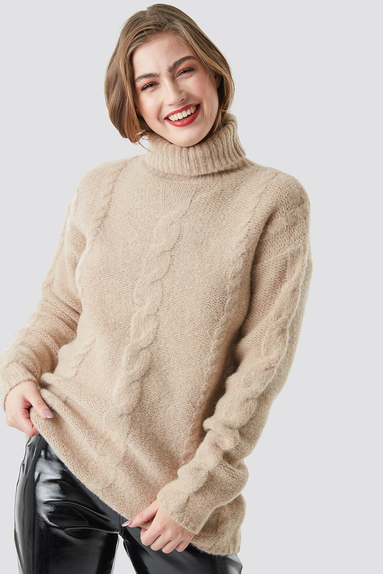 Beige NA-KD Wool Blend Cable Knitted Sweater
