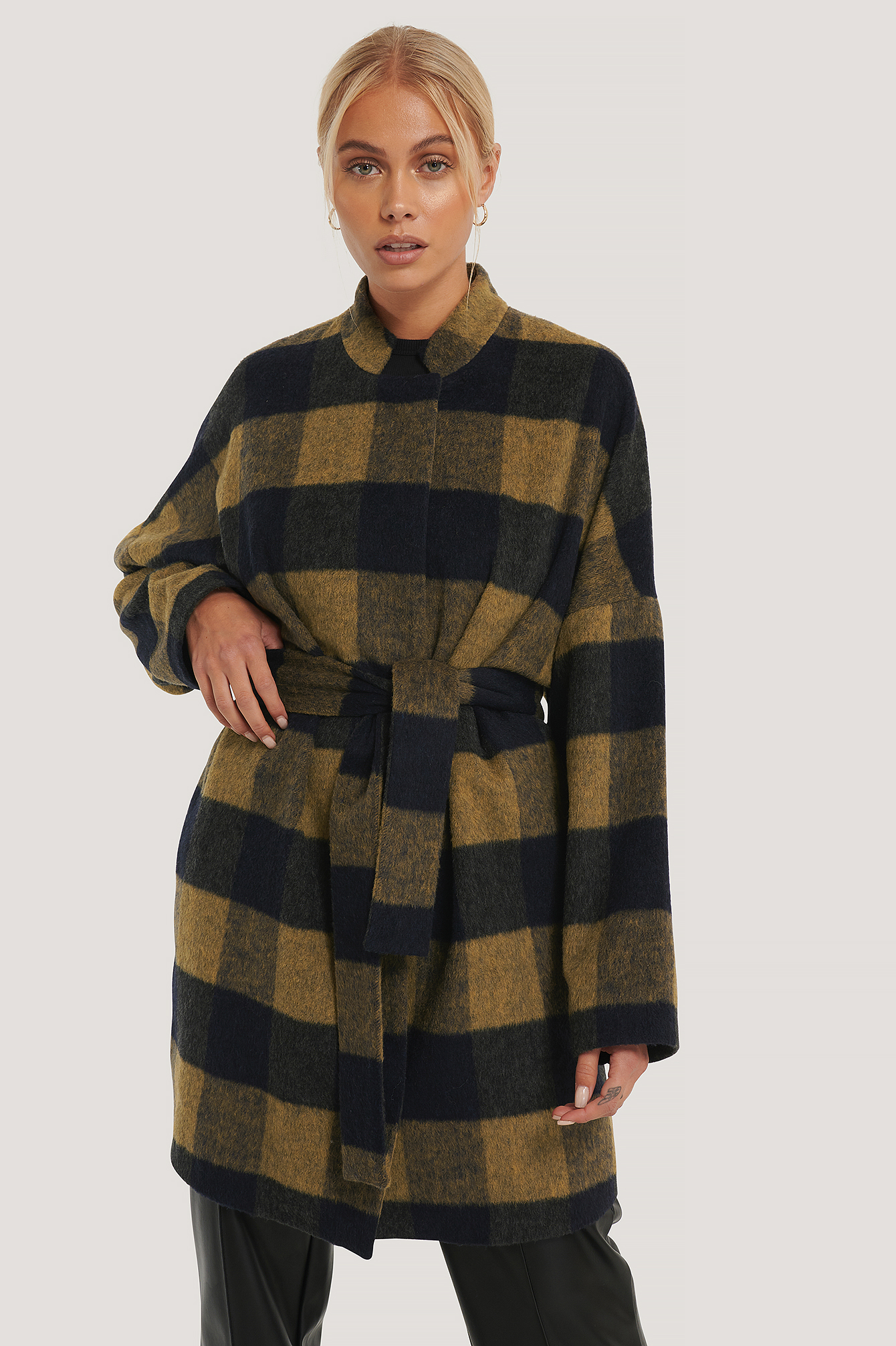 Green Manteau Court À Carreaux En Laine Mélangée