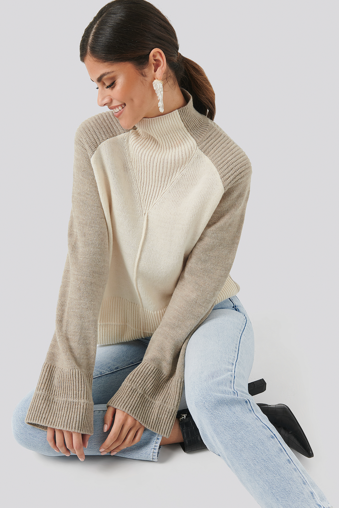Beige/White Wool Blend Colour Block Sweater