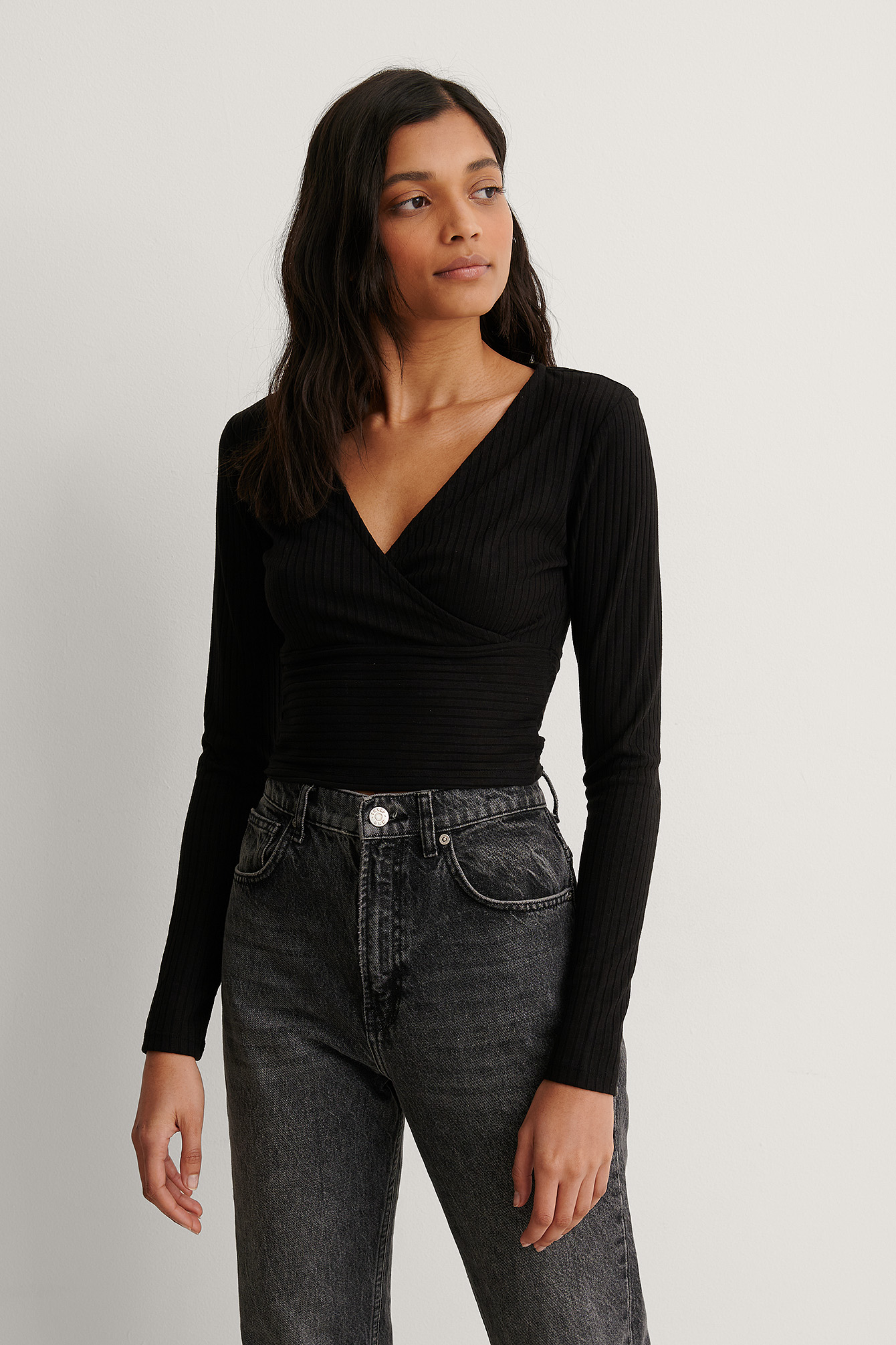 Black Haut Côtelé Cache-Cœur