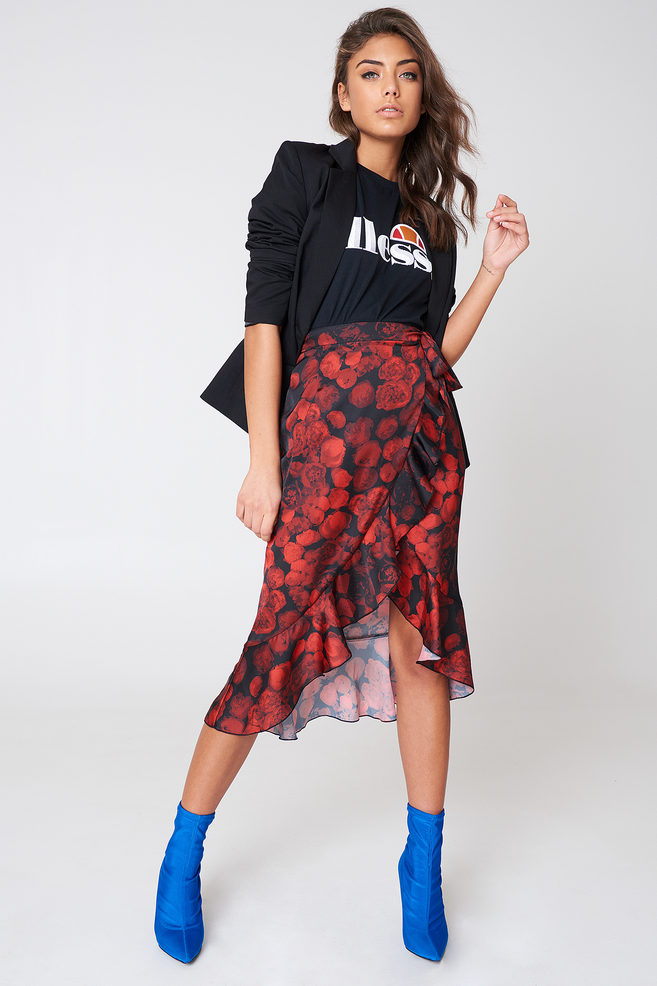 Black/Red Flower NA-KD Wrap Over Satin Frill Skirt