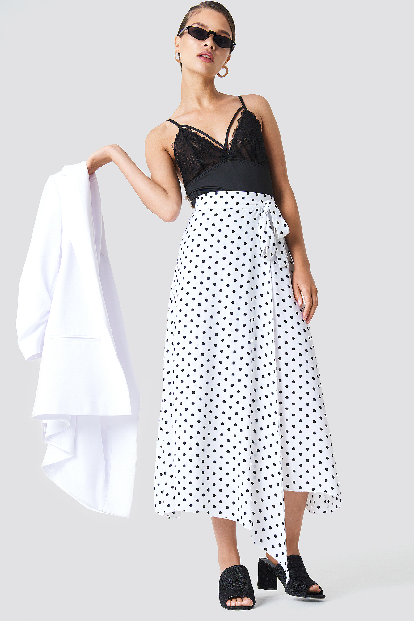 White/Black Dot NA-KD Trend Wrap Over Tie Waist Midi Skirt