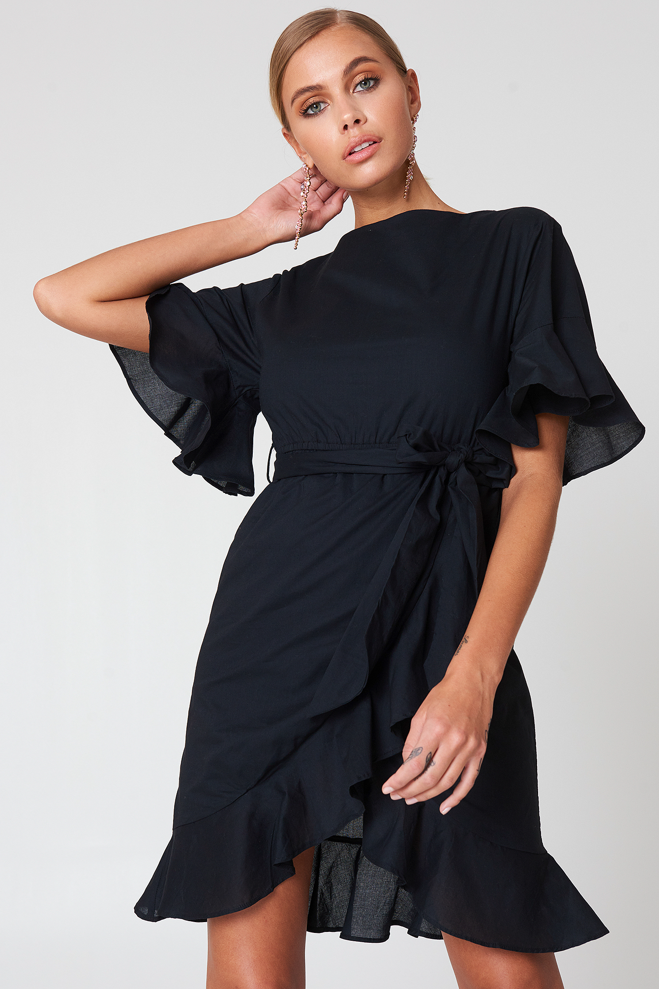 Wrap Skirt Flounce Sleeve Dress Noir nakd.fr