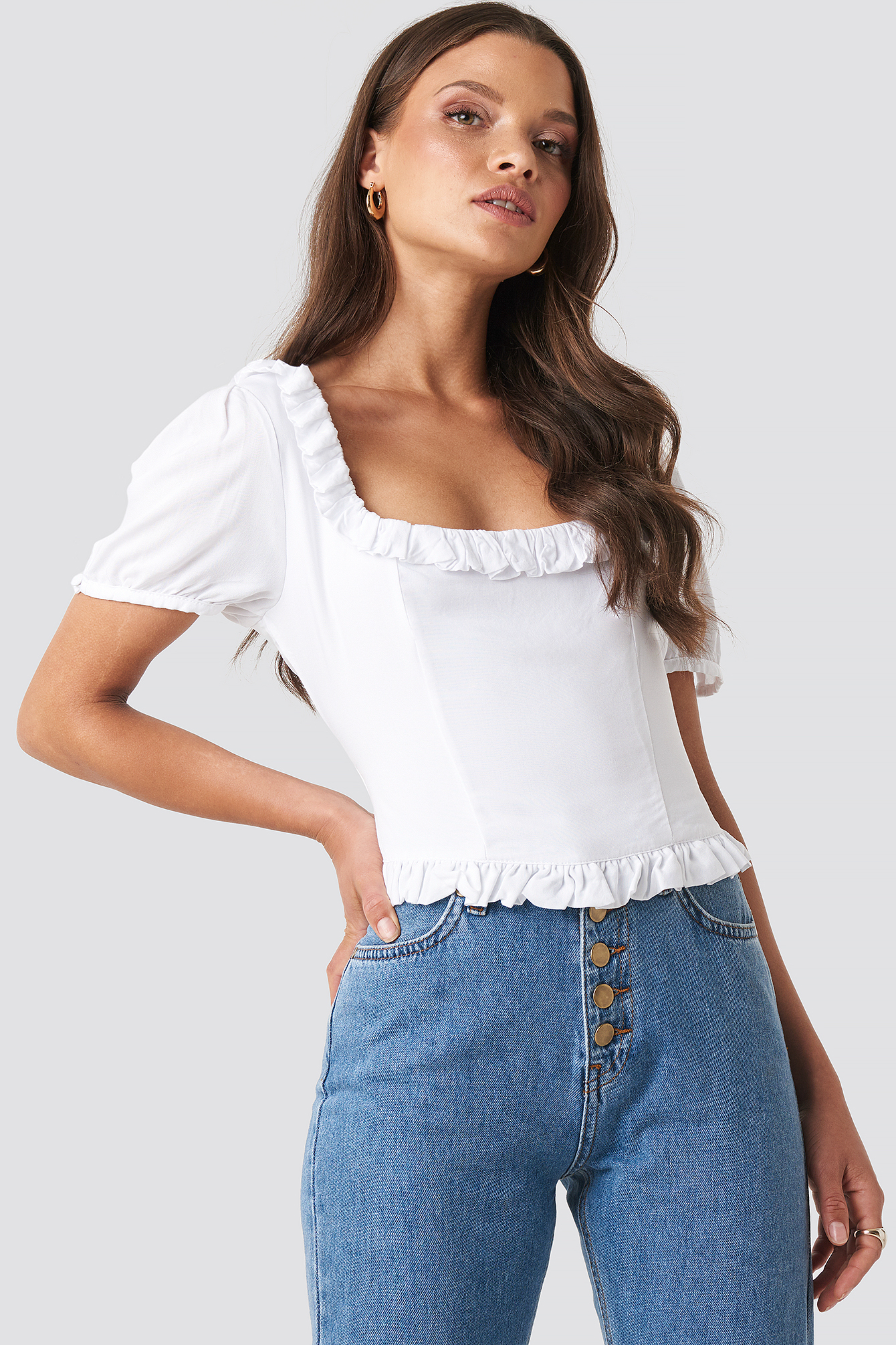 White Colleen Cropped Frill Top