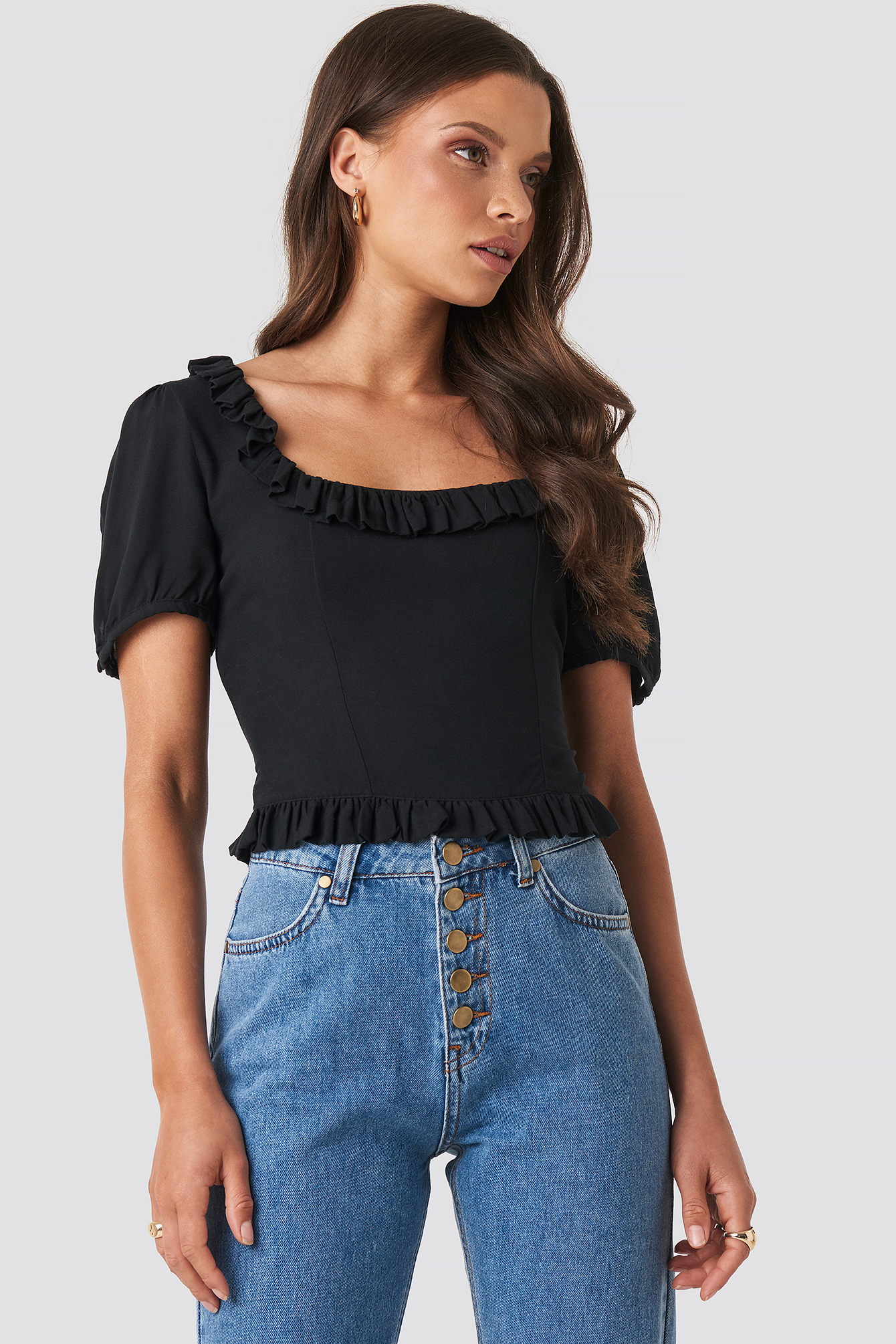 Black Colleen Cropped Frill Top