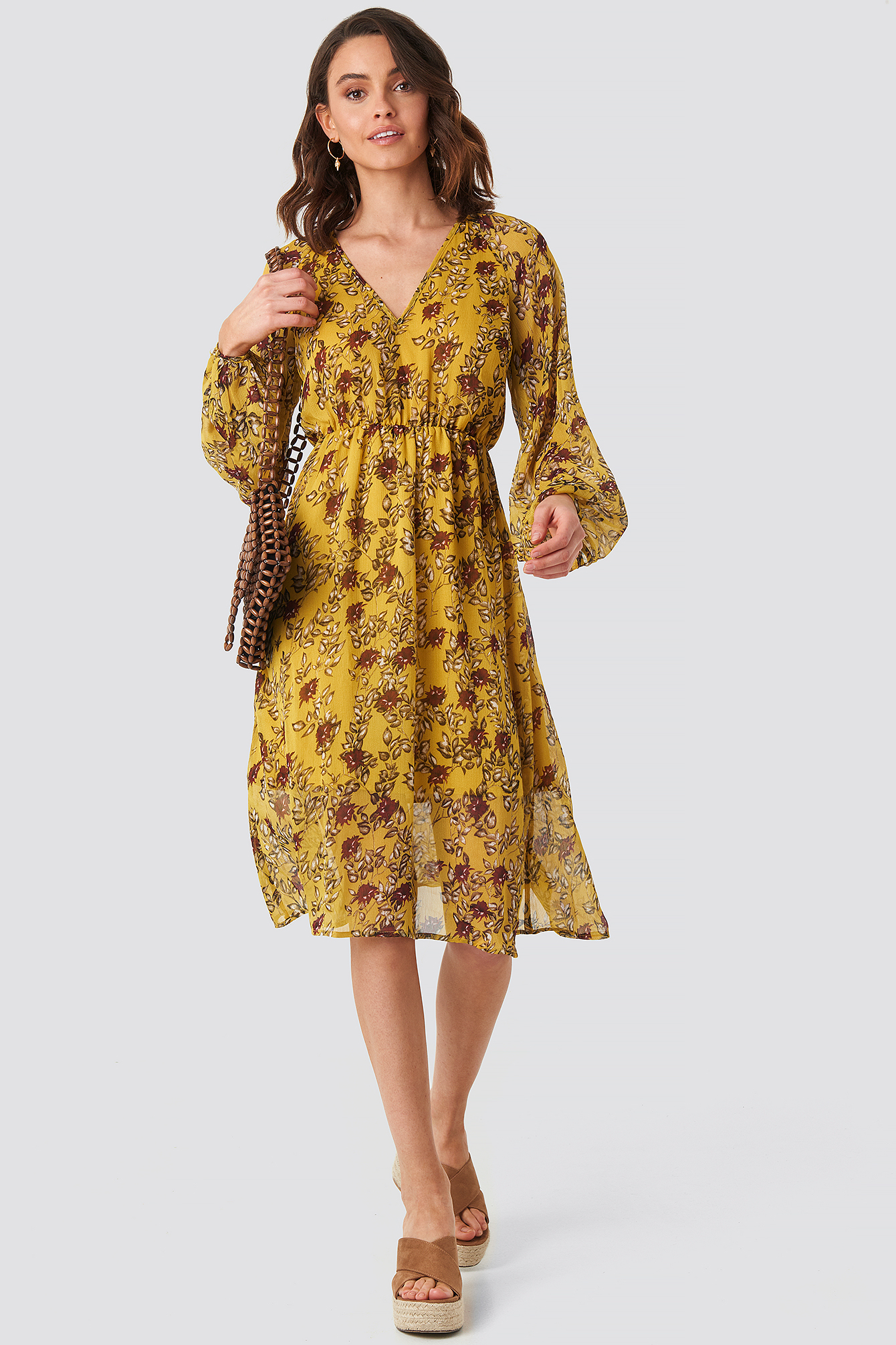 Yellow NA-KD Boho Yellow Flower Print Midi Dress