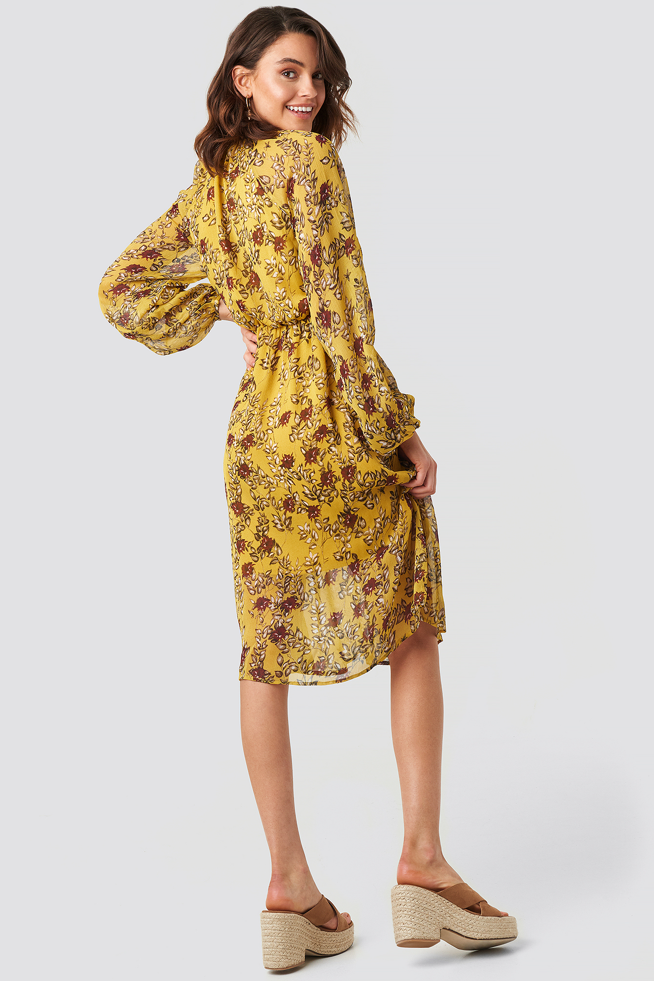 Yellow Yellow Flower Print Midi Dress