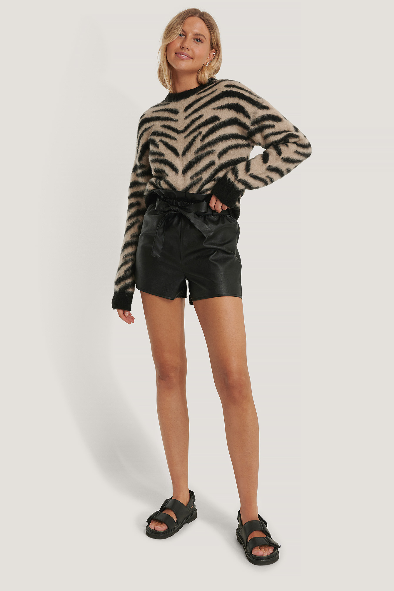 beige/Black Pull En Tricot Brossé Zèbre