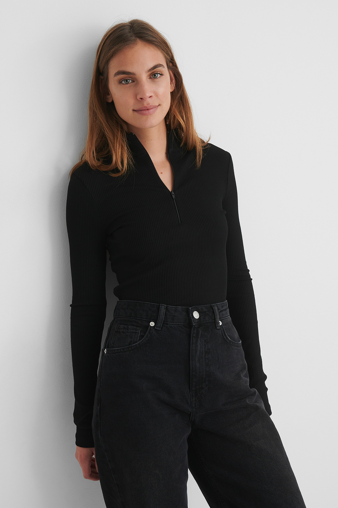 Black Haut Côtelé Avec Fermeture Éclair