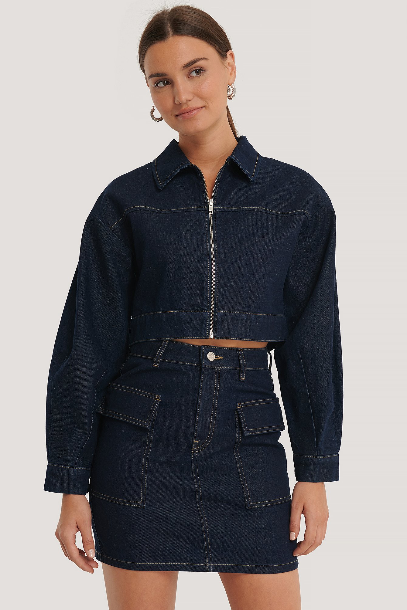 Dark Blue Veste En Jean Courte Zippée