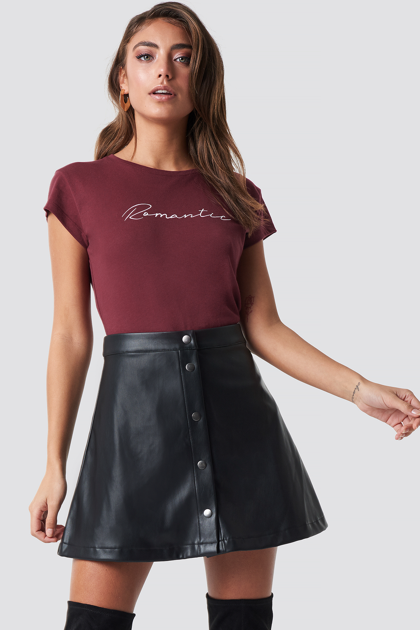 Black Pamela x NA-KD Front Button Faux Leather Skirt