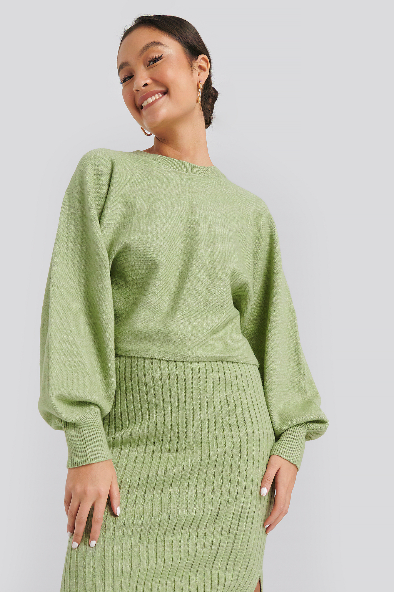 Green NA-KD Round Neck Cropped Knitted Sweater