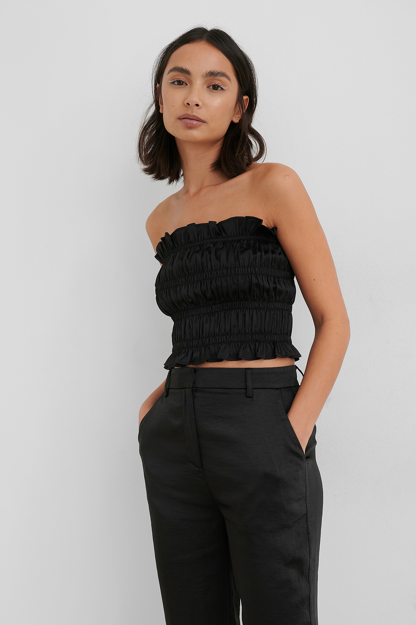 Black Smocked Satin Top