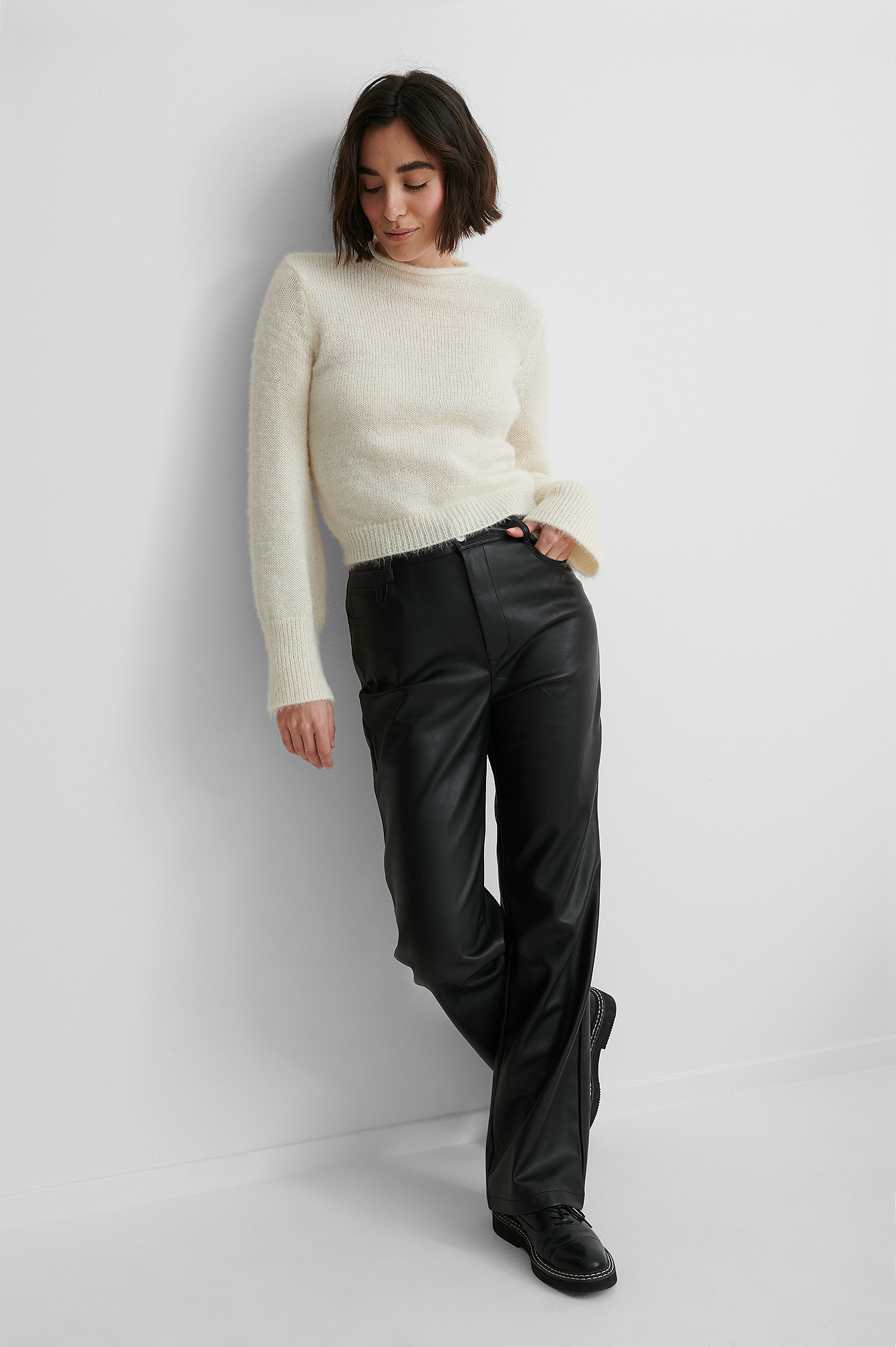 Hairy Knit Sweater with PU-Pants and Boots.