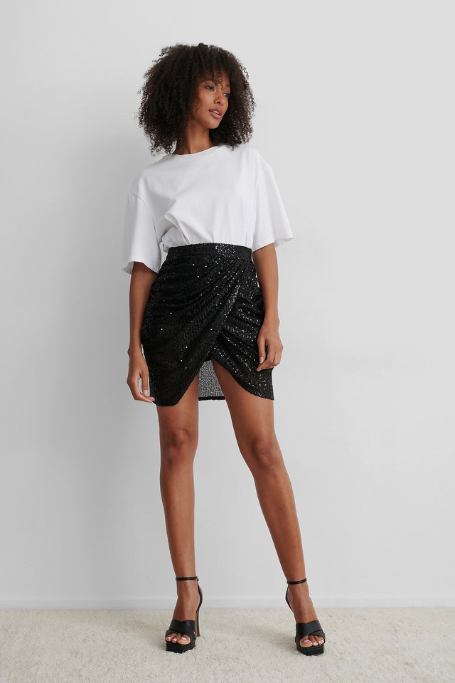 Draped Sequin Skirt Outfit.