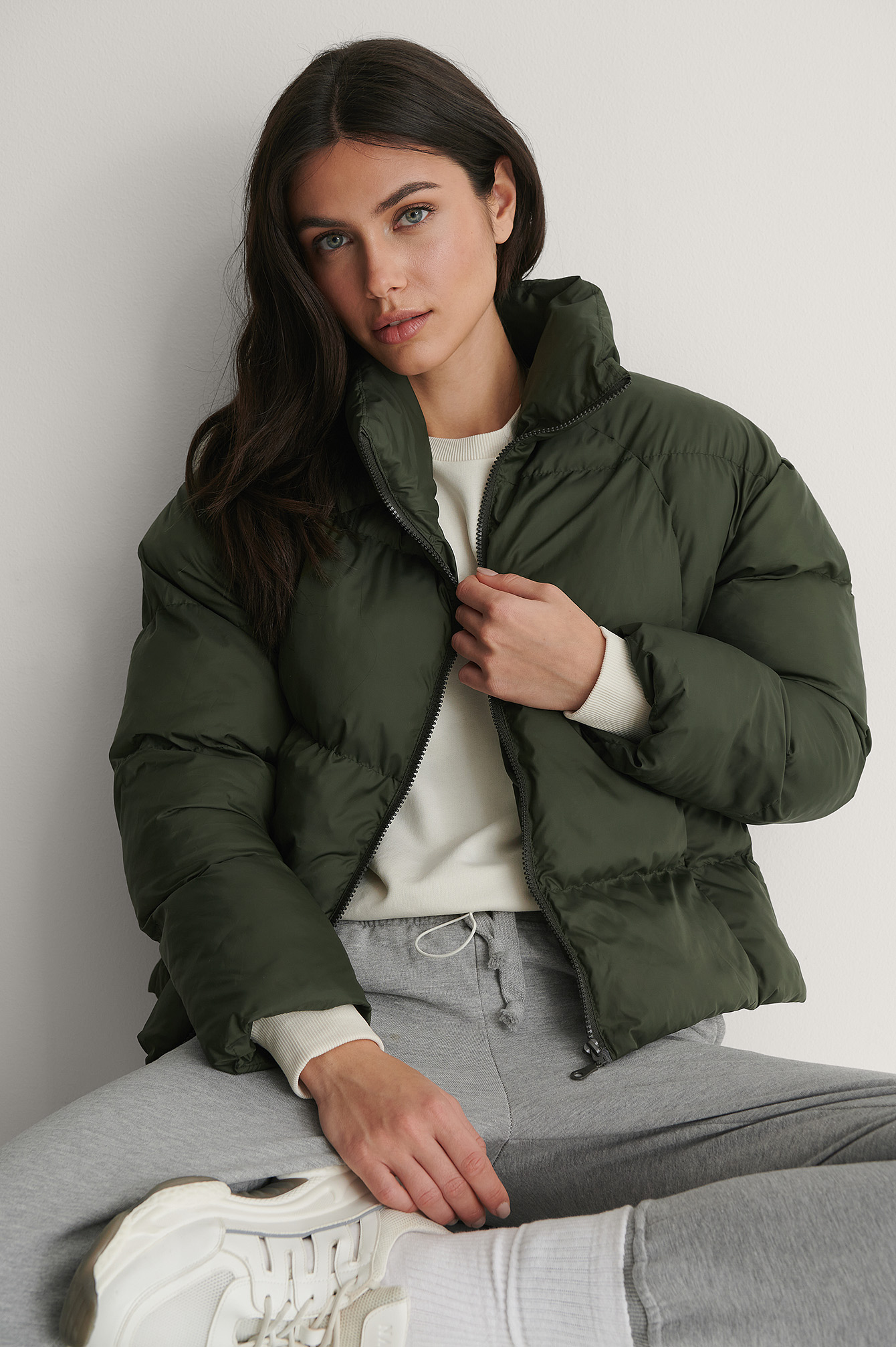 Upright Collar Down Puffer Jacket Outfit.
