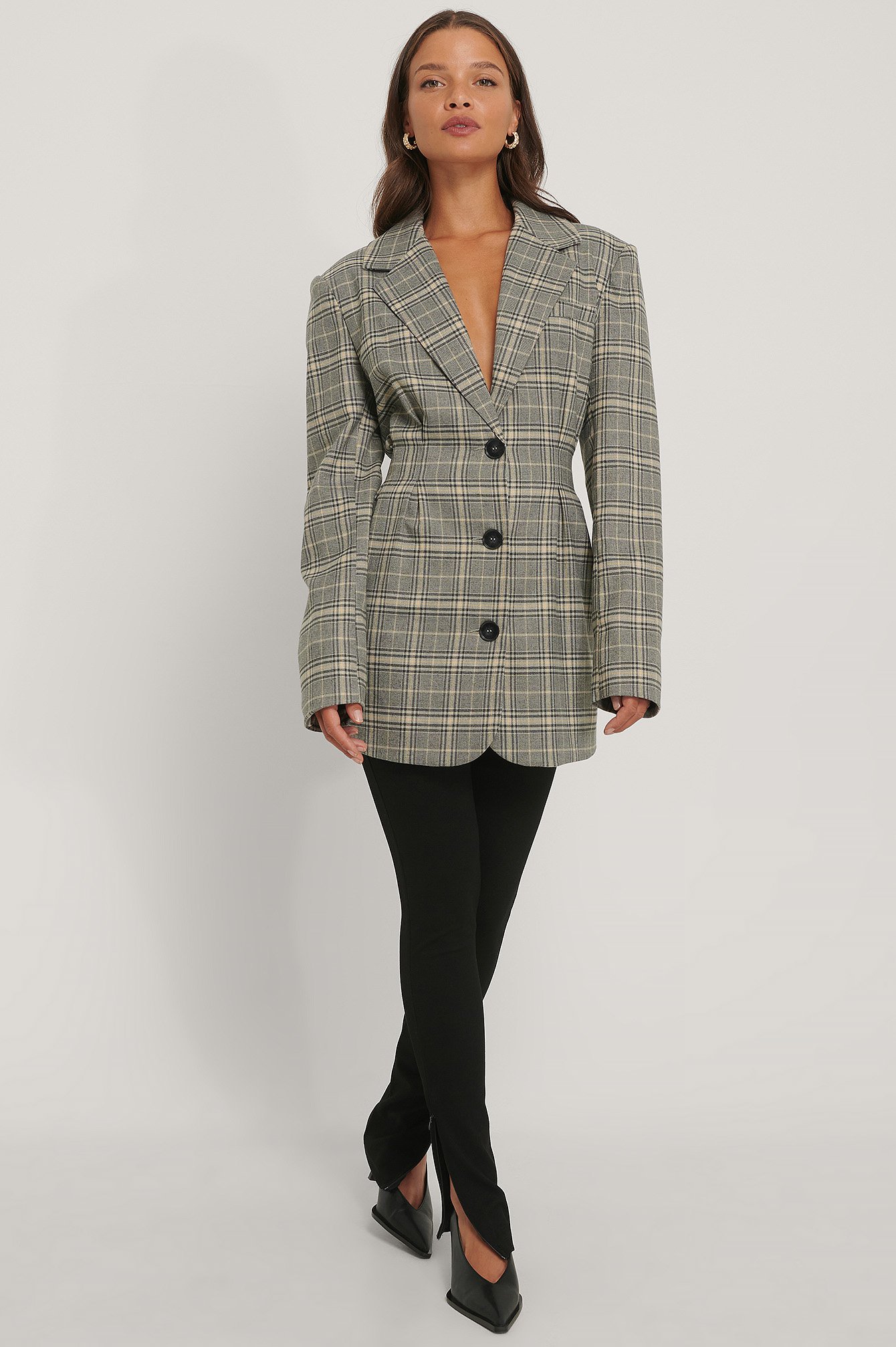 Gathered Check Blazer Outfit.