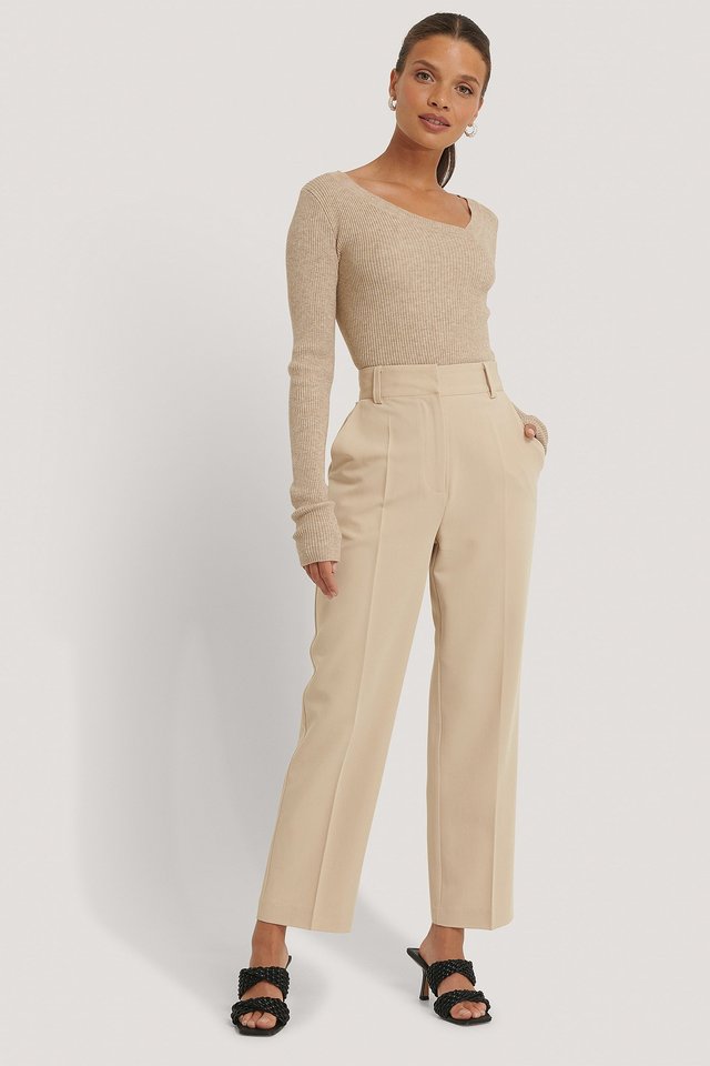 Asymmetric Neckline Ribbed Knitted Sweater Outfit.