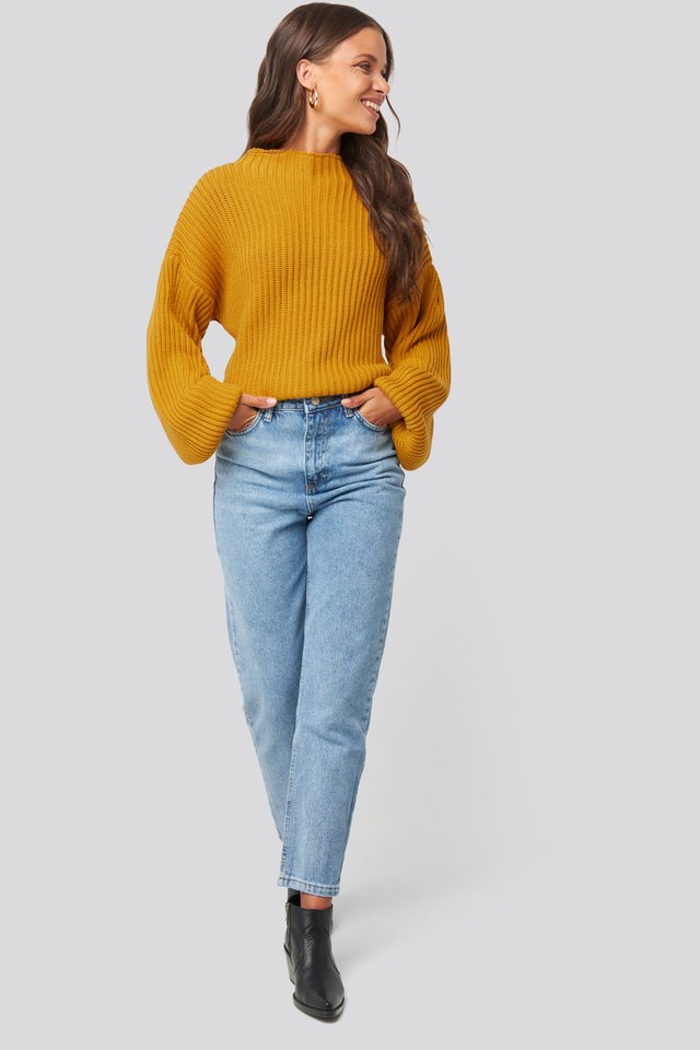 Balloon Sleeve Knitted Sweater Outfit.