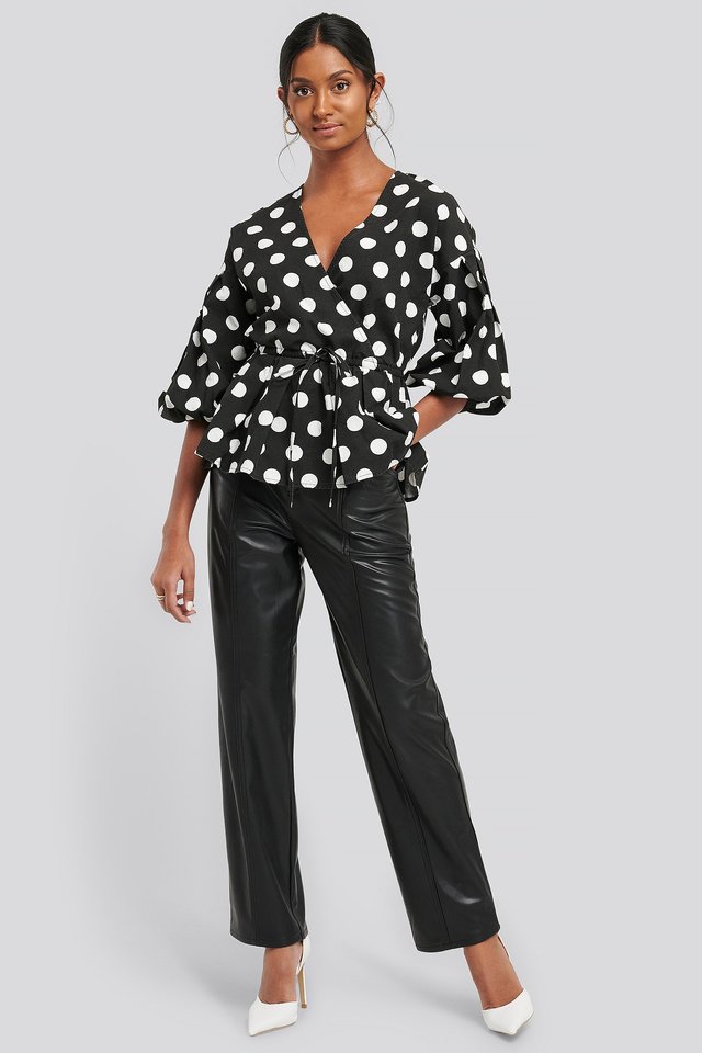Balloon Sleeve Drawstring Dotted Blouse Outfit.