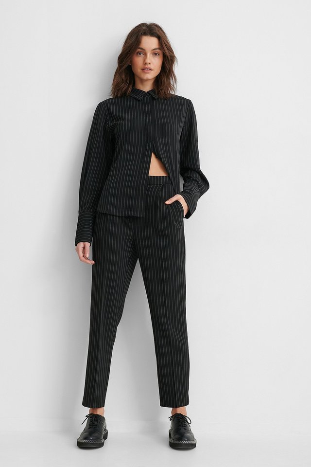 Pinstriped Cropped Suit Pants Outfit.