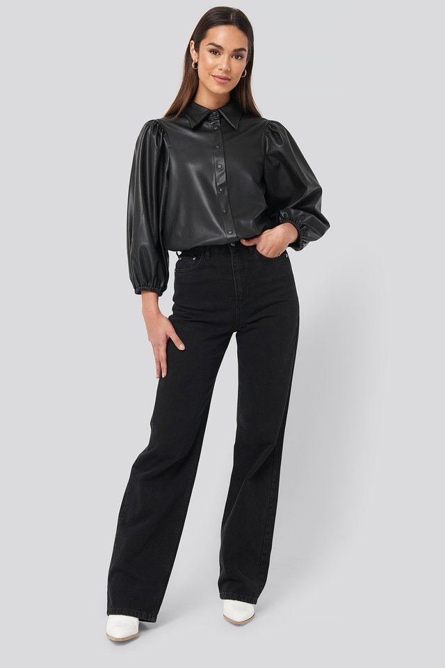 Faux Leather Puff Sleeve Shirt Outfit.