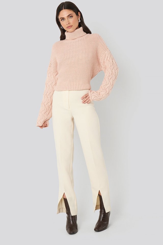 Dusty Pink Cable Sleeve High Neck Sweater