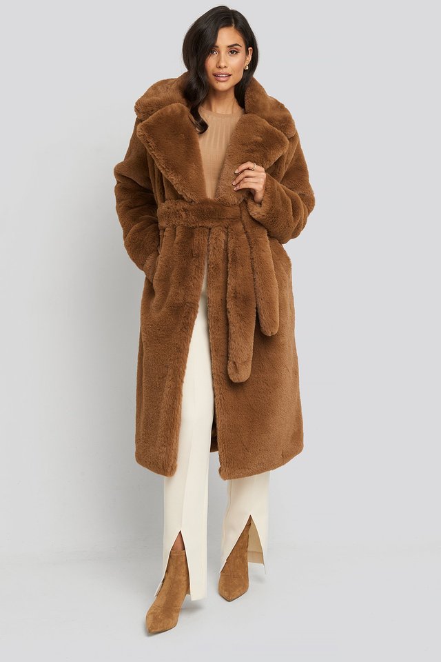 Soft Faux Fur Long Coat Brown Outfit.