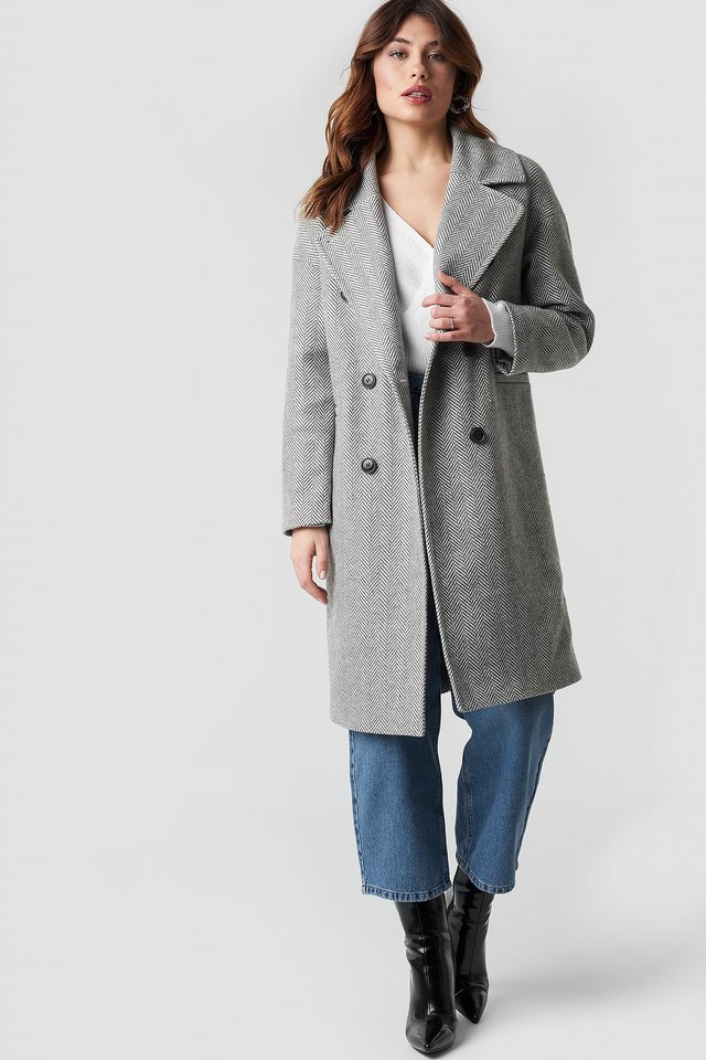 Herringbone Double Breasted Coat Grey Outfit.