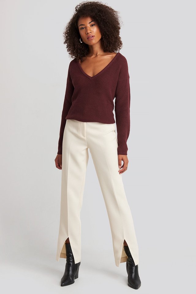 Deep Front V-neck Knitted Sweater Outfit.