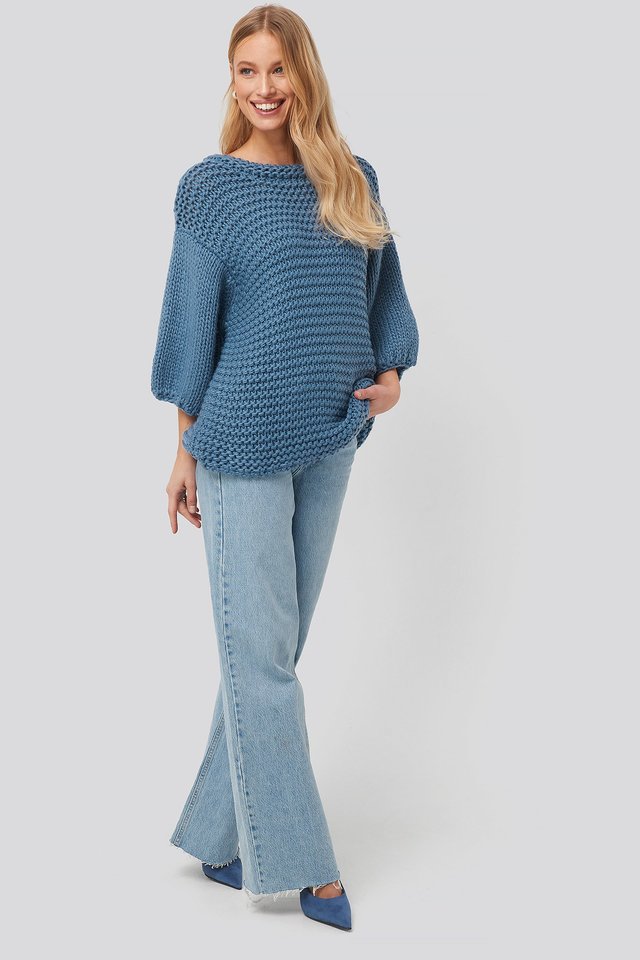Moonlight blue Detail Neck Short Sleeve Sweater