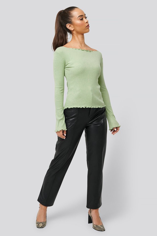 Flared Sleeve Boat Neck Rib Top Outfit.