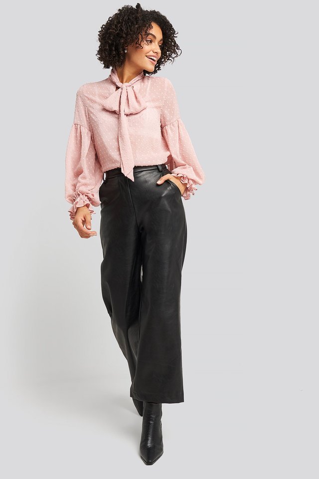Tie Neck Dobby Blouse Outfit.