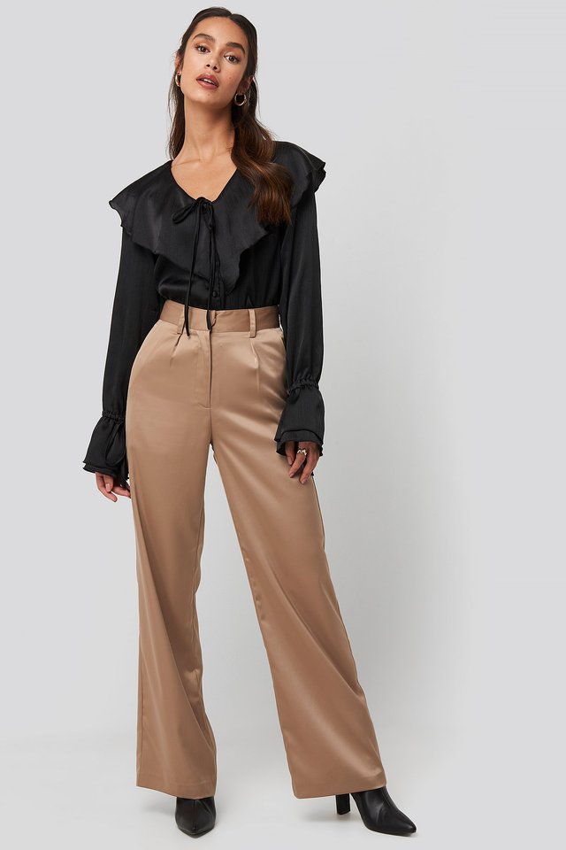 Flounce Satin Structured Blouse Outfit.