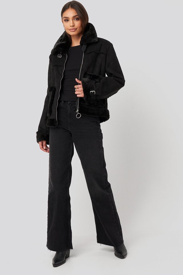 Faux Suede Fur Jacket Black Outfit.