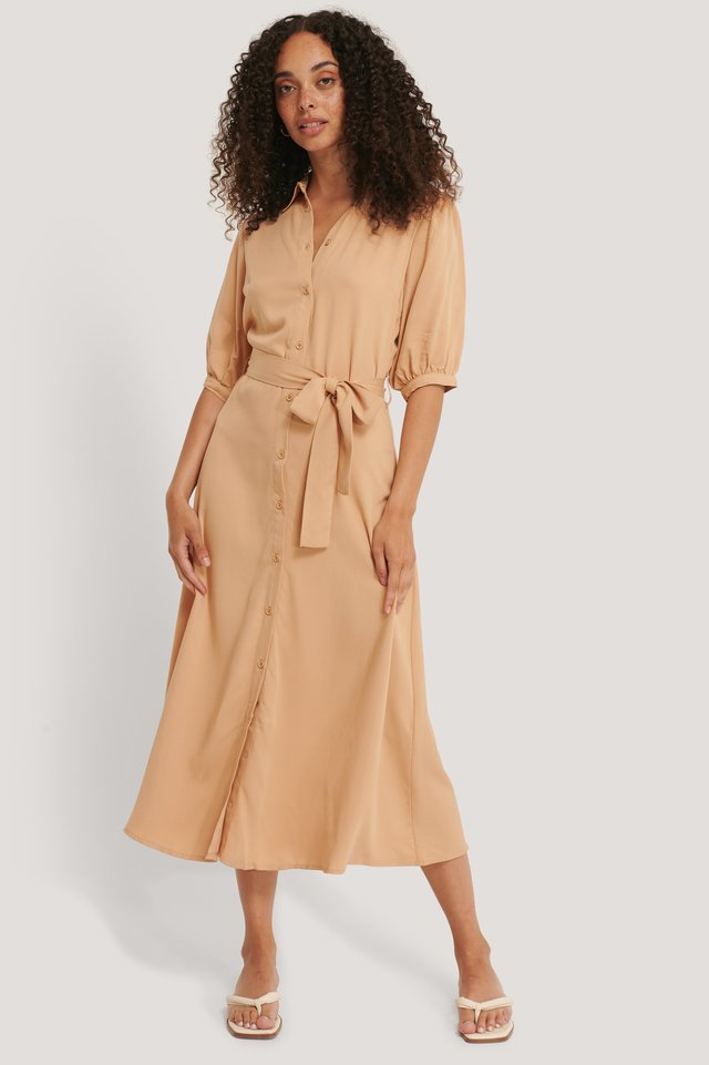 Puff Sleeve Belted Midi Dress Outfit.