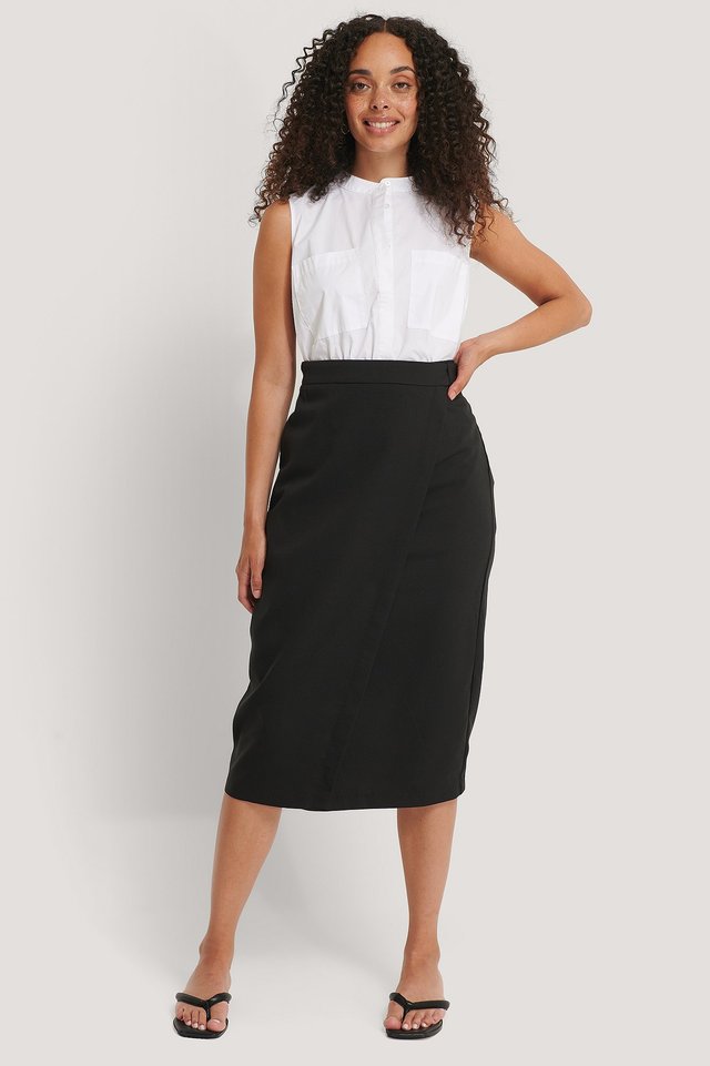 Tailored Overlap Midi Skirt Outfit.