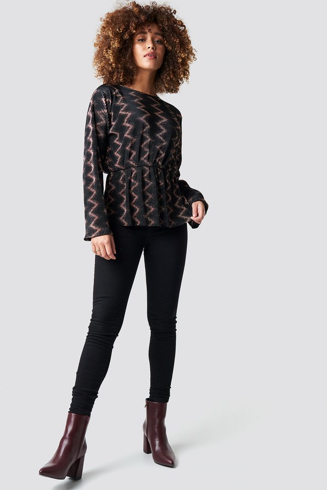 Glittery Pattern Long Sleeve Top Outfit.