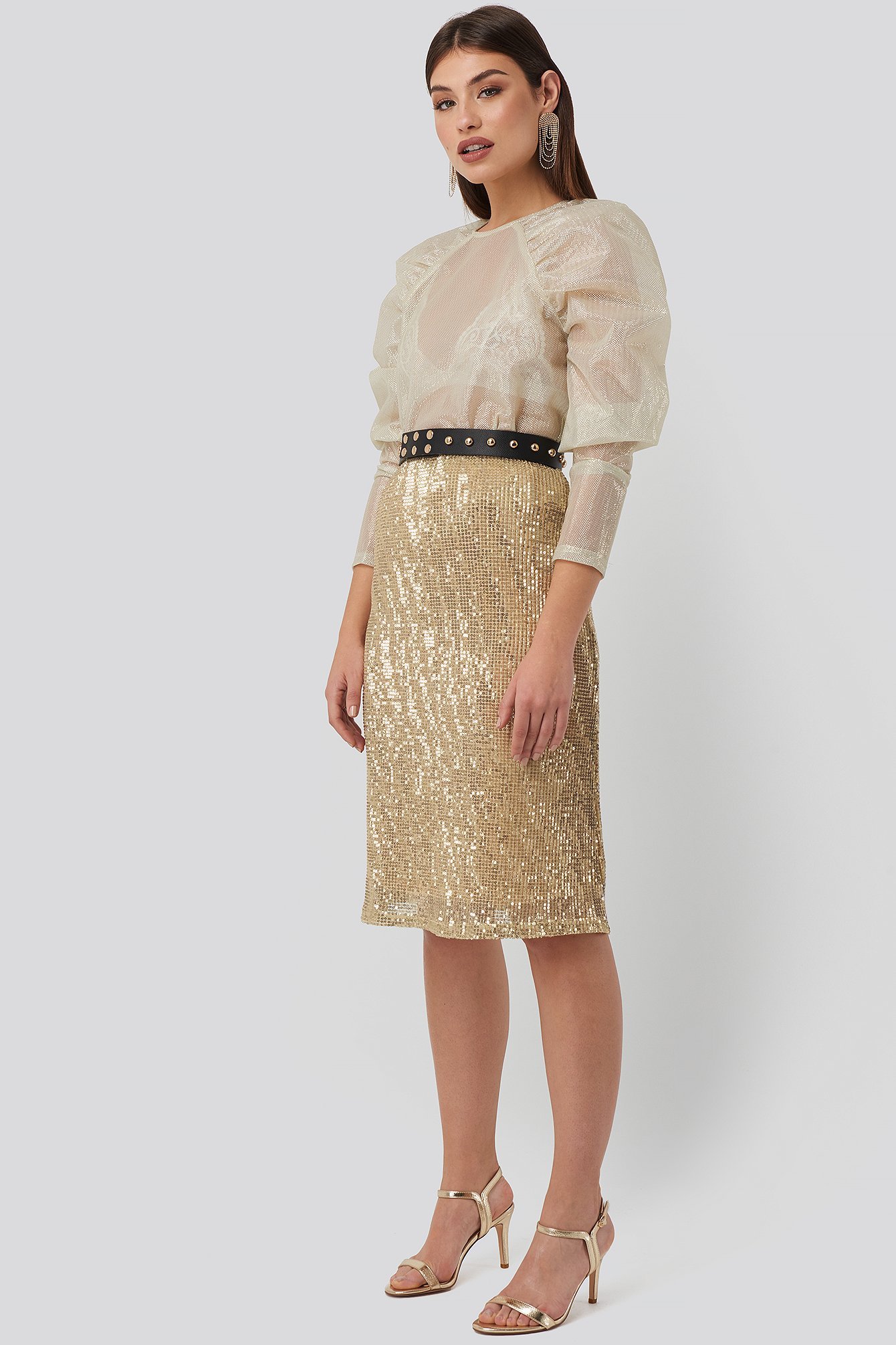 Gold Tight Sequin Midi Skirt