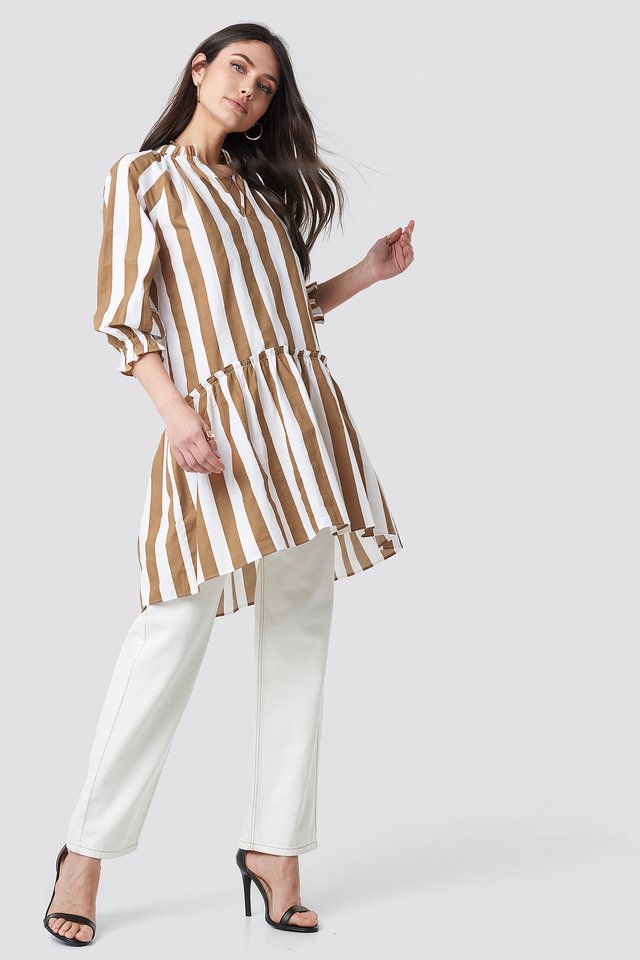 Frill Neck Striped Midi Dress Outfit.