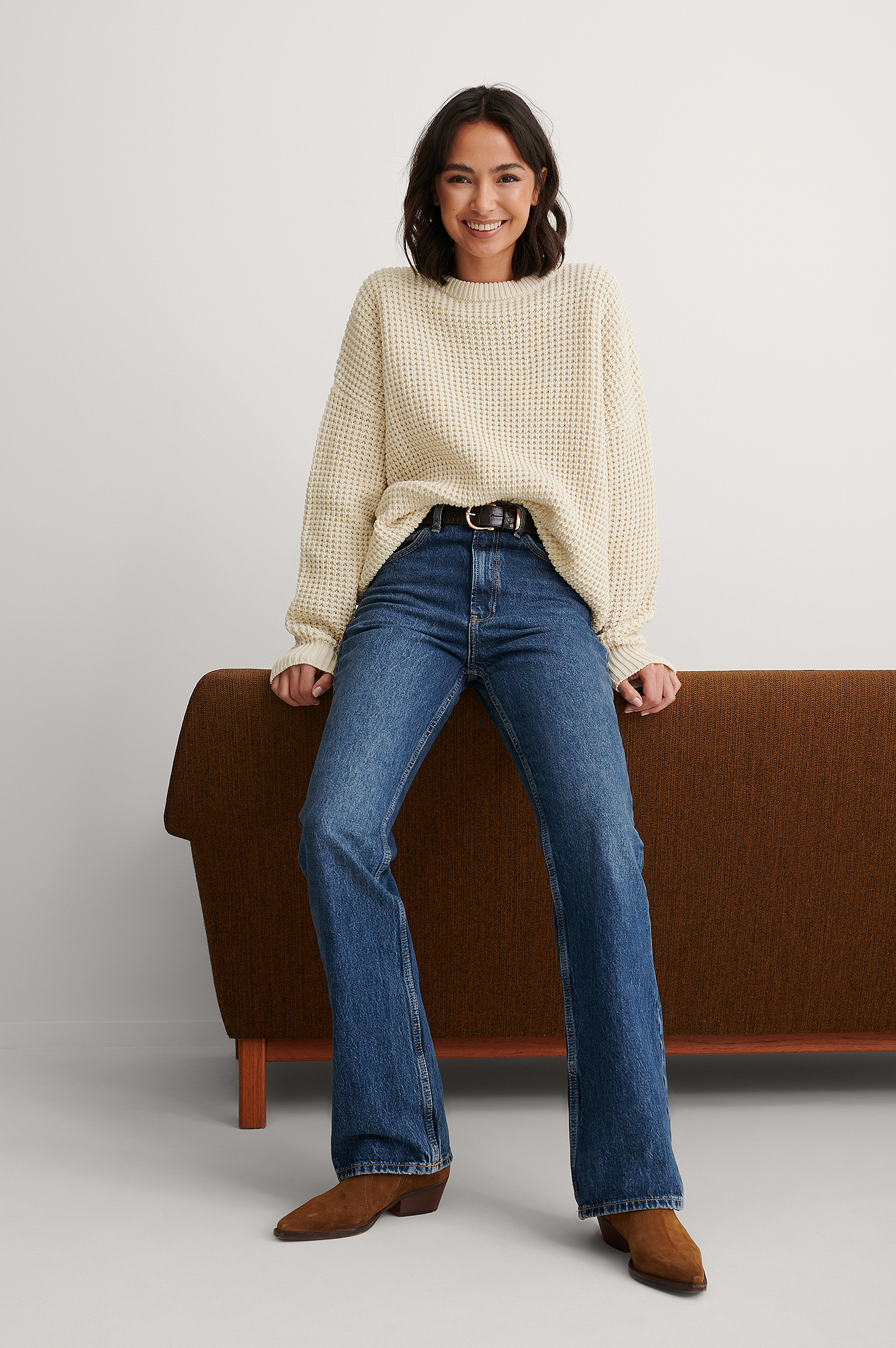 Waffle Knit Round Neck Sweater Outfit.