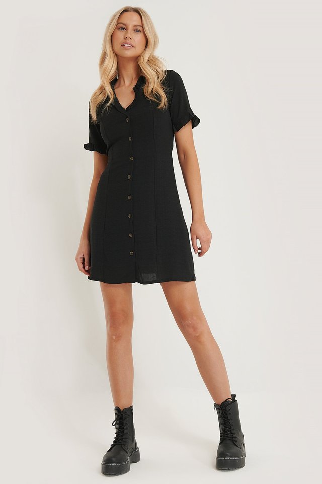 Button Frill Detail Mini Dress Outfit.