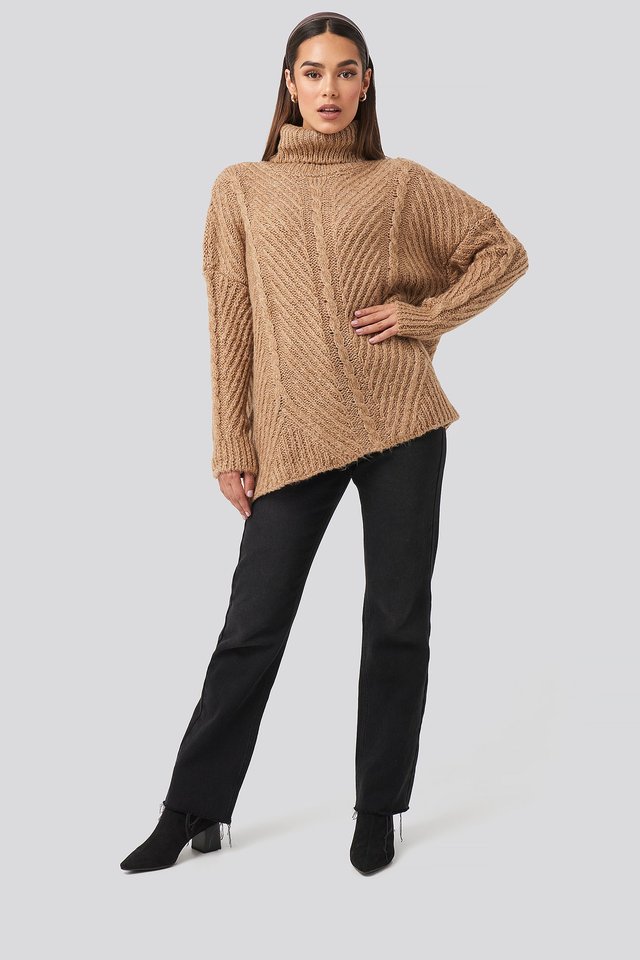 Camel Turtleneck Long Knitted Sweater