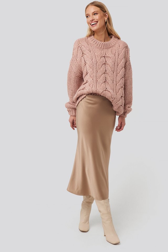 Misty Rose Wool Blend Round Neck Heavy Knitted Cable Sweater
