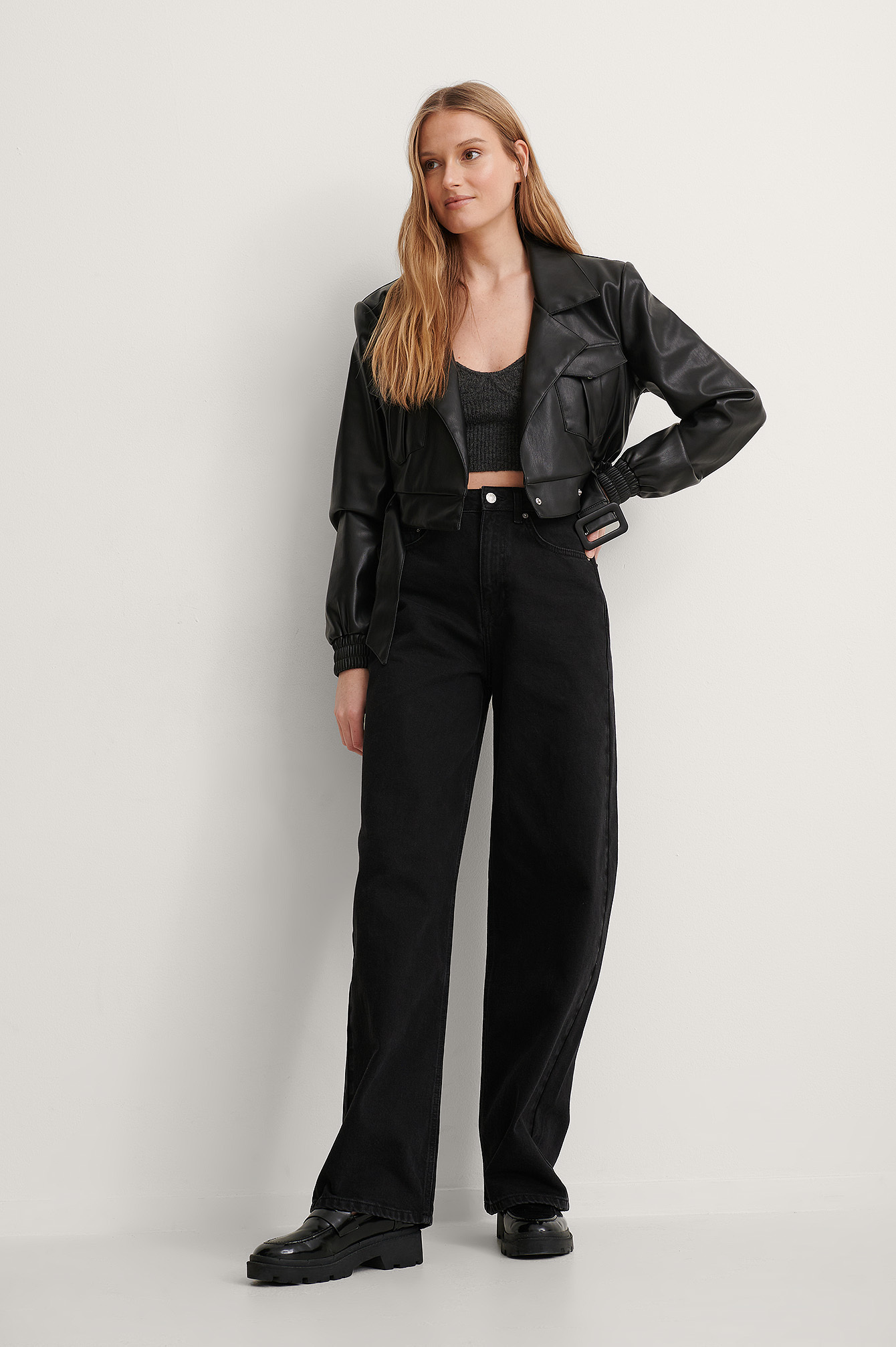 Belted Cropped PU Jacket Outfit.