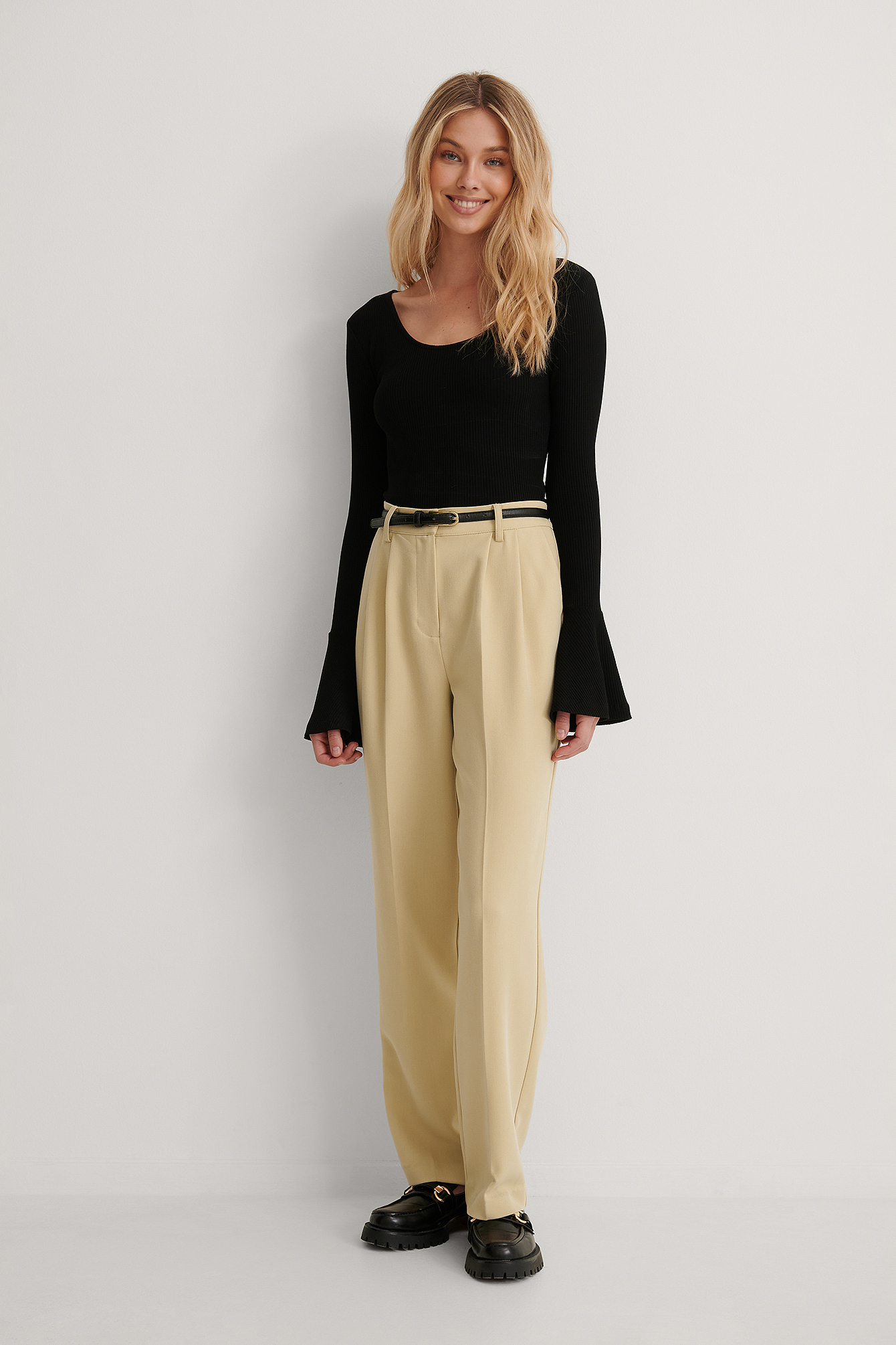 Trumpet Sleeve Rib Top Outfit